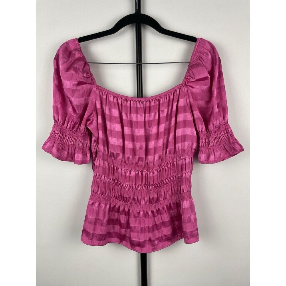 1.STATE Hot Pink Shadow Stripe Puff Sleeve Shirred Waist Square Neck Top Sz M